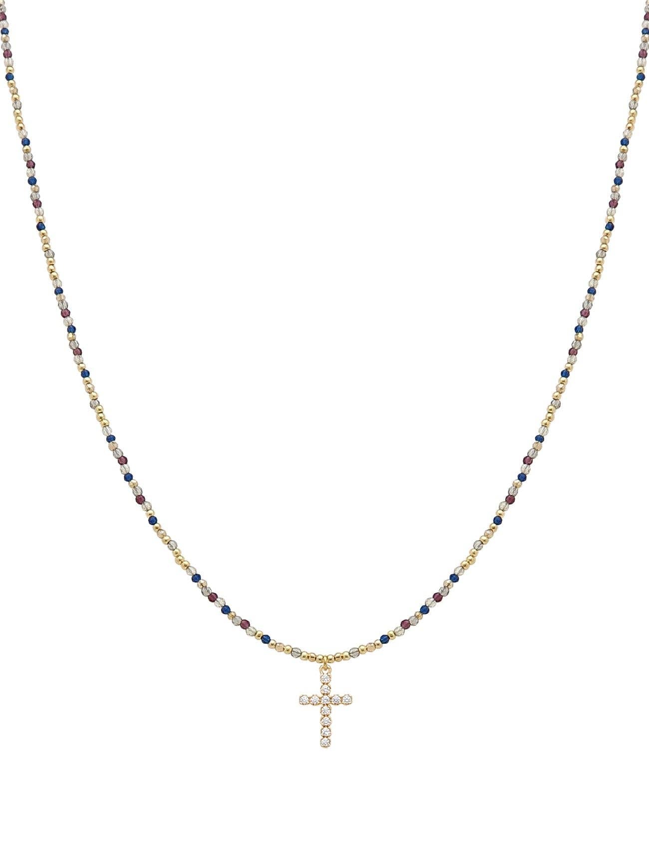 Multi Crystal 16"-18" Necklace with Rhinestone Cross Detail