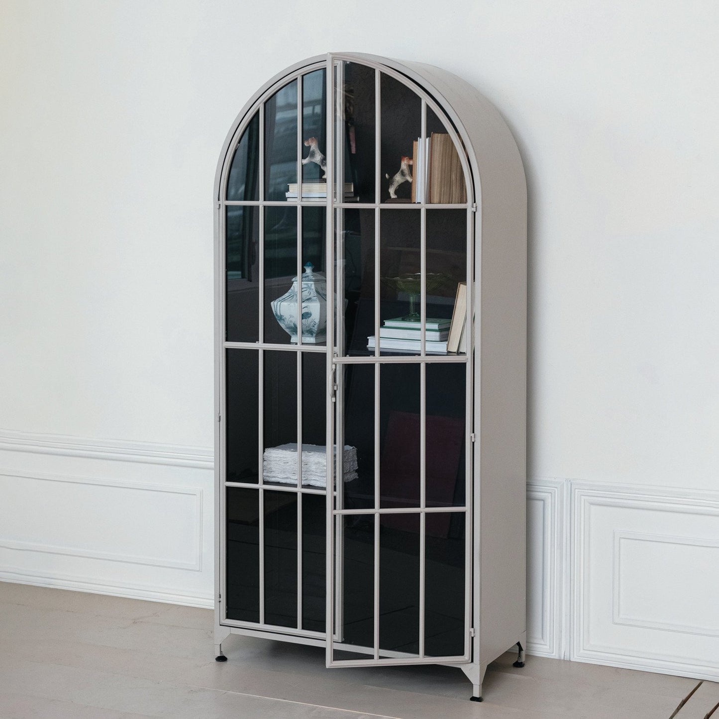 Arched Metal Cabinet w/ 2 Glass Doors & 3 Shelves