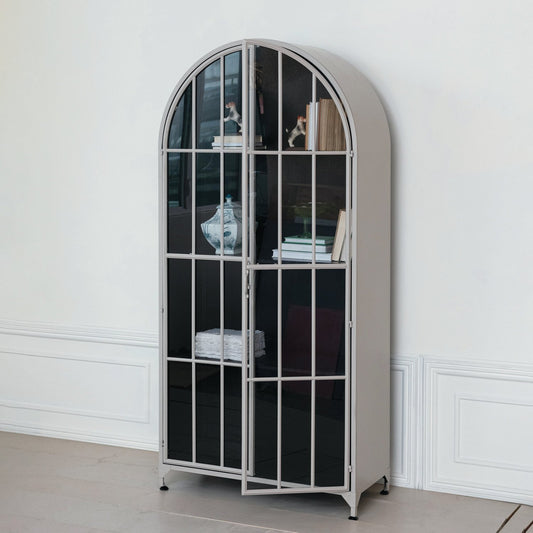 Arched Metal Cabinet w/ 2 Glass Doors & 3 Shelves