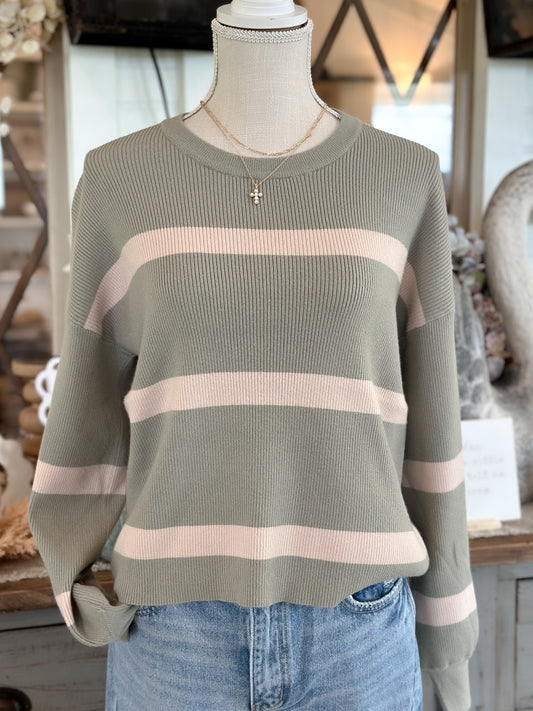 Widestripe Sweater Pullover - Olive/Oatmeal