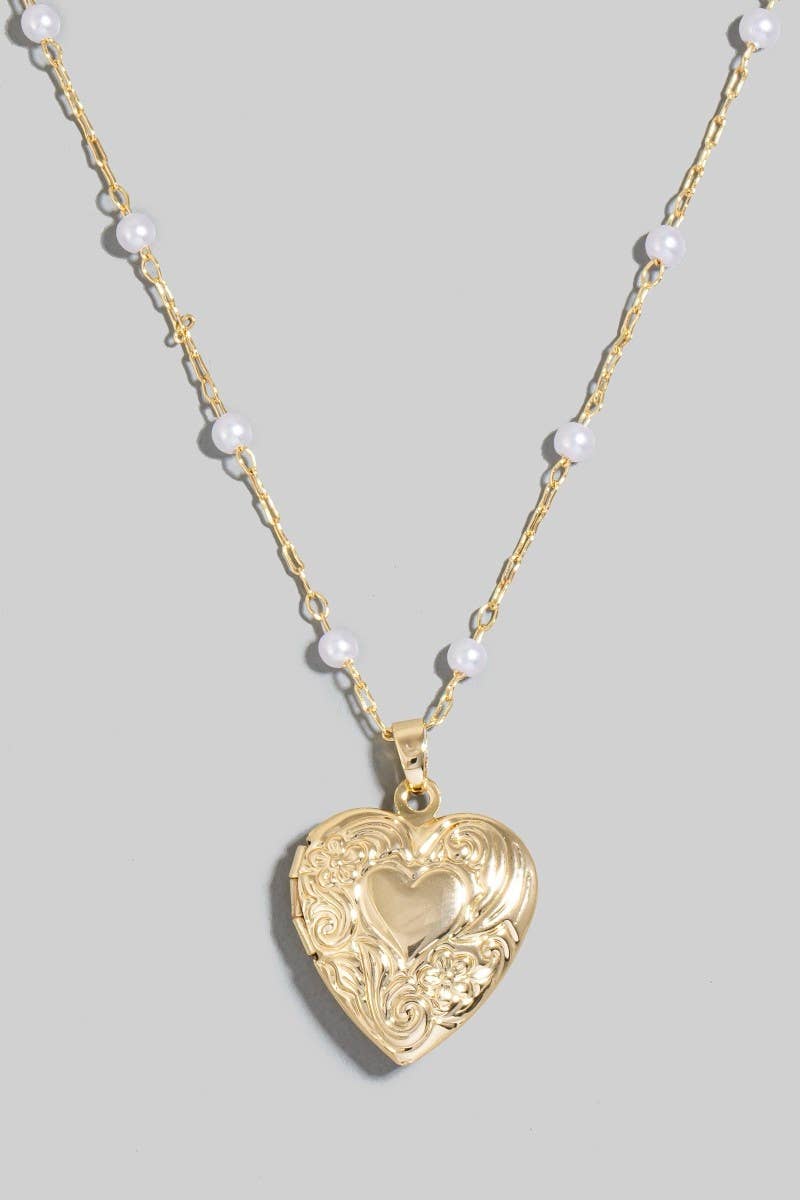 Intricate Heart Locket Pearl Beads Chain Necklace