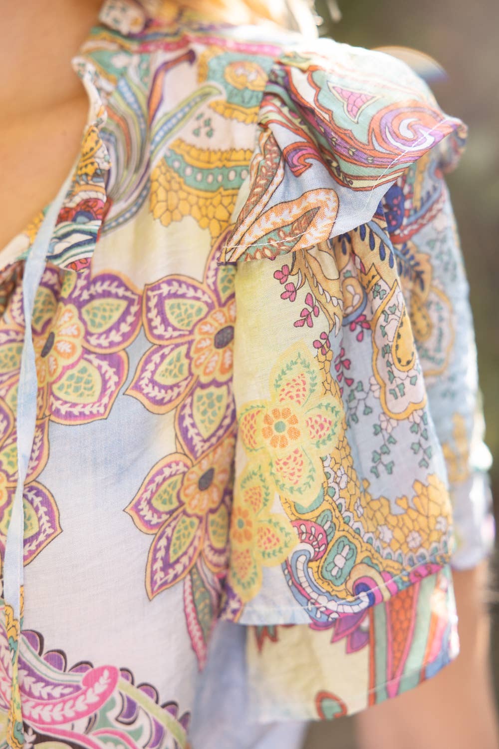 Mixed Paisley Print Double Ruffle Sleeve Top