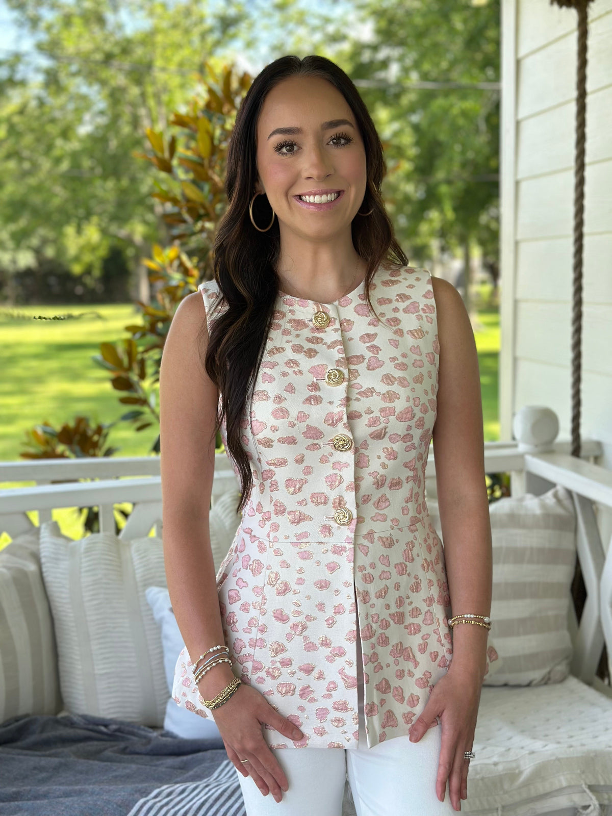 Pink Abstract Jacquard Gold Top