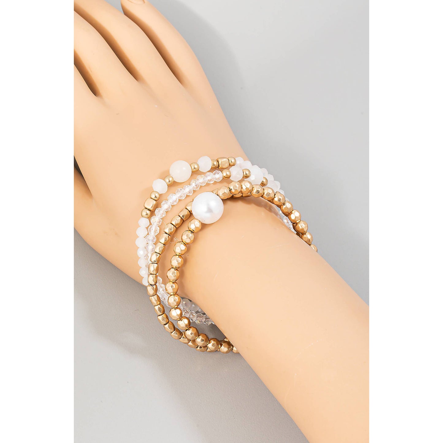Pearl Charm Mixed Beaded Layered Bracelet Set: WGWHT