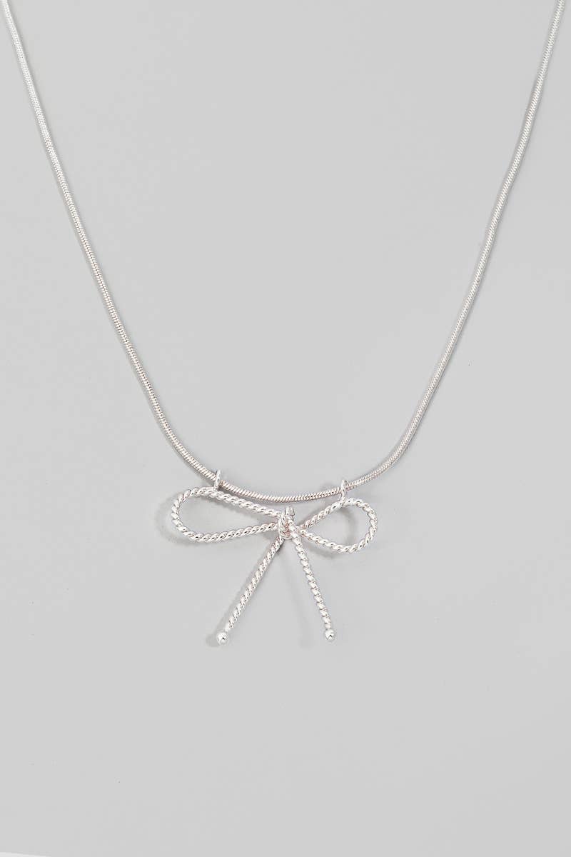 Twisted Metallic Ribbon Bow Pendant Necklace: G