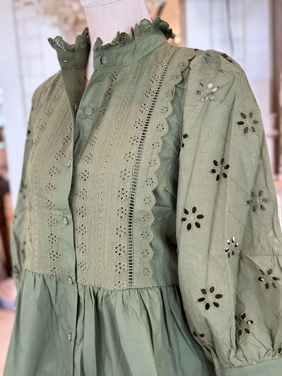 Olive Eyelet Lace 3/4 Sleeve Ruffled Top