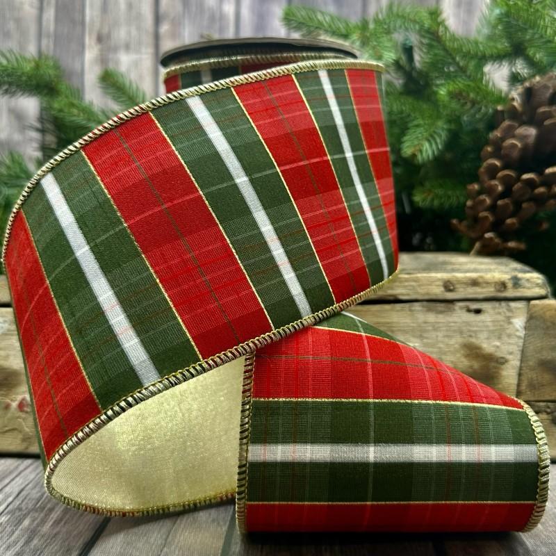Metallic Plaid Dupion Ribbon – Red/Green/Gold (4" x 10 Yds)