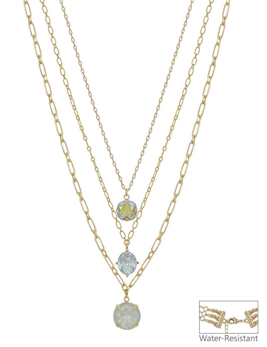 Water Resistant Gold Triple Layered Multi Way Clear Crystal Drop 16"-18" Necklace