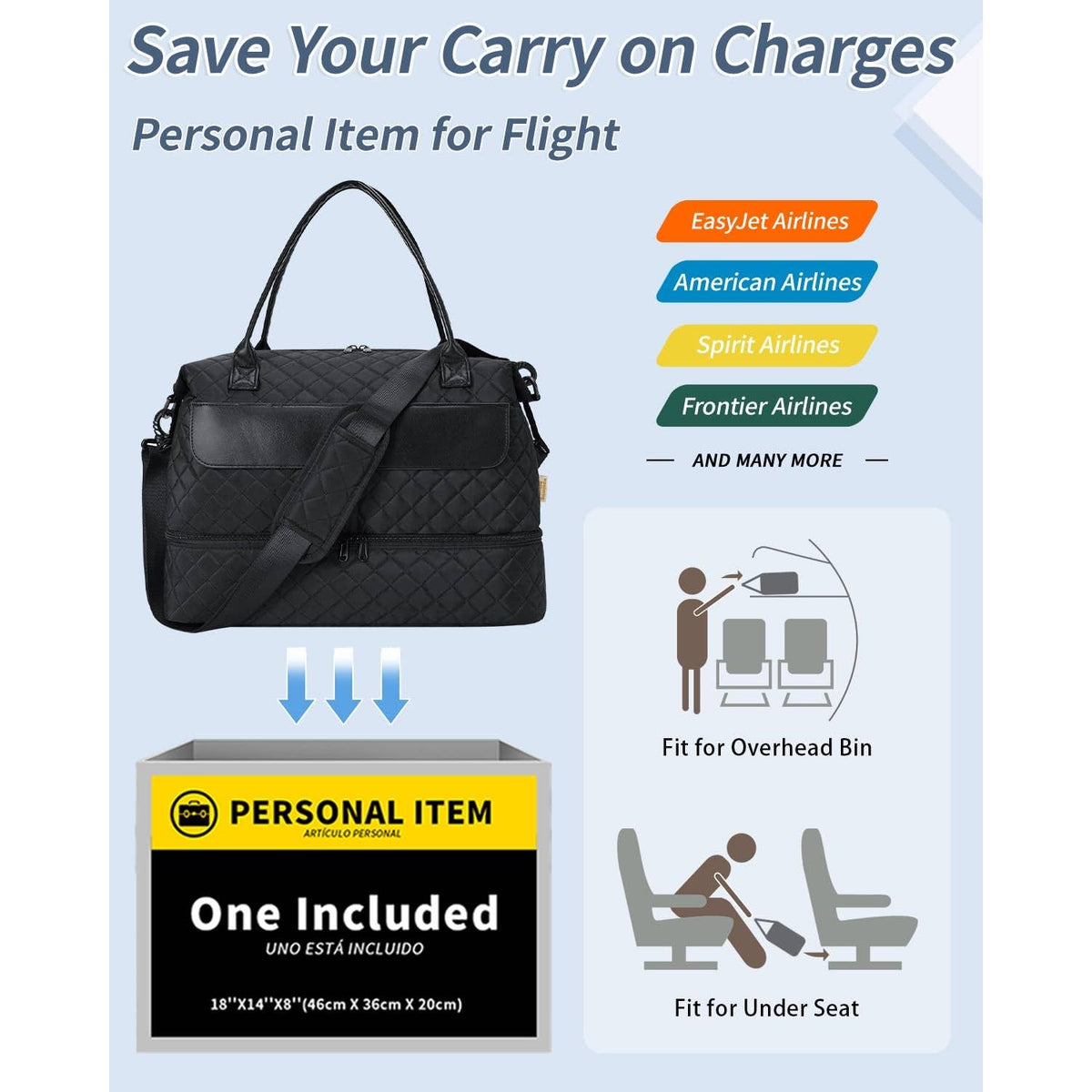Airplane Approved Duffle Bag & Toiletry Bag Set 2 PCS: Black