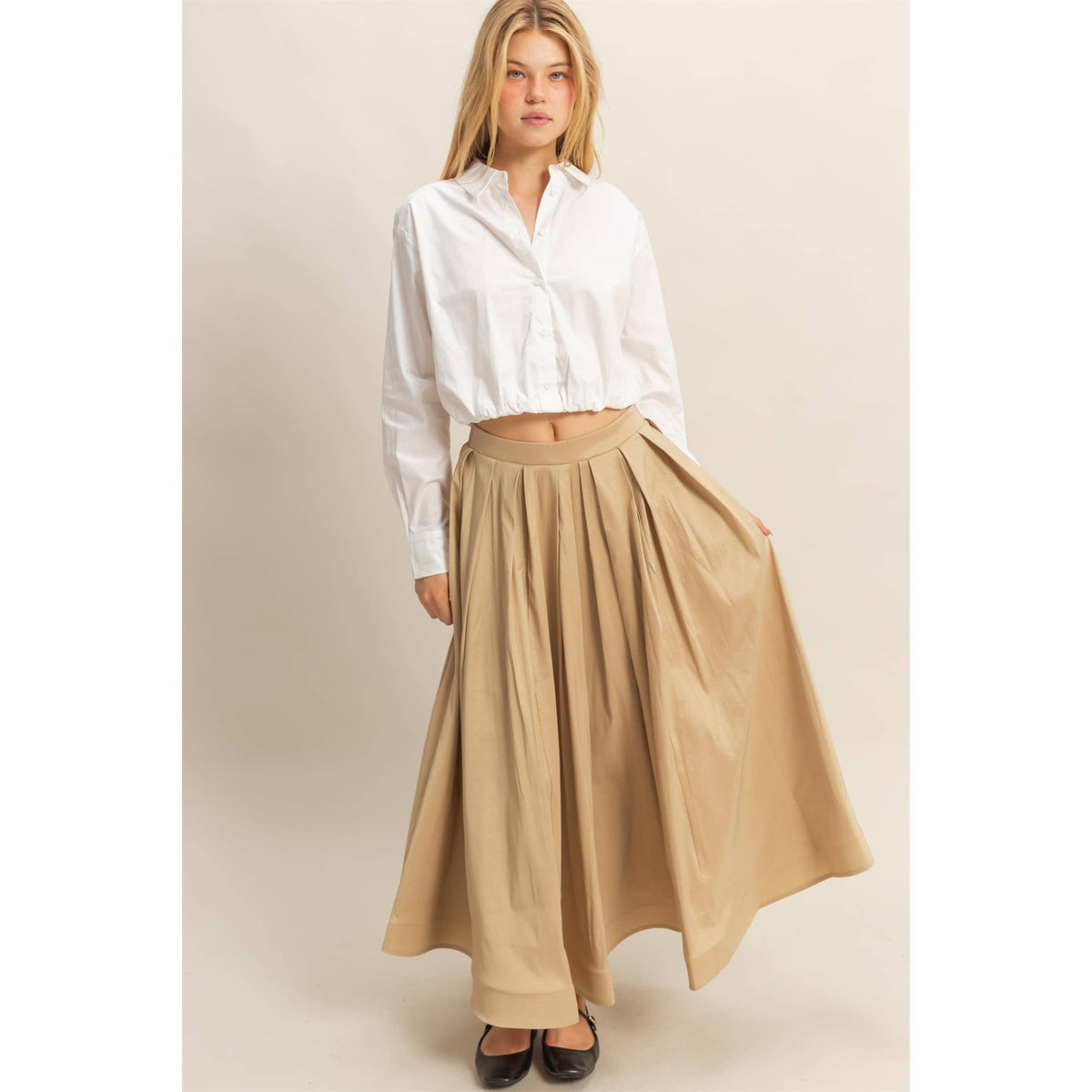 Timeless Grace Pleated Midi Skirt | Beige