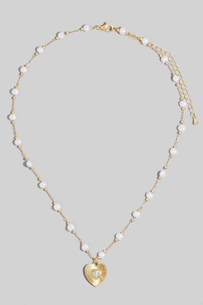 Heart Pendant Pearl Station Chain Necklace: Gold & Pearl