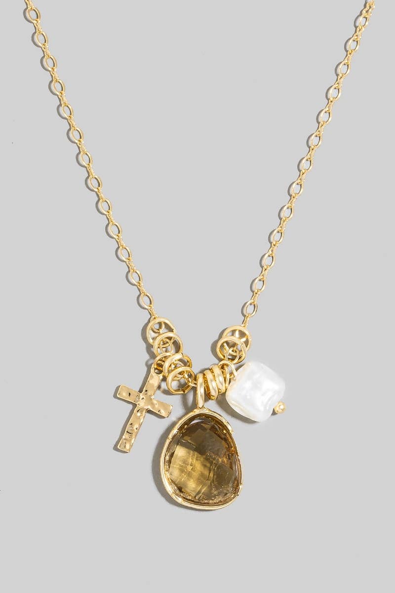 Pearl Cross And Gem Charms Chain Necklace: Gold