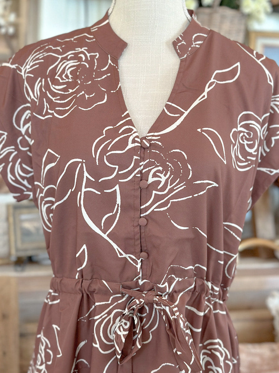 Brown Floral Print Cap Sleeve V Neck Dress