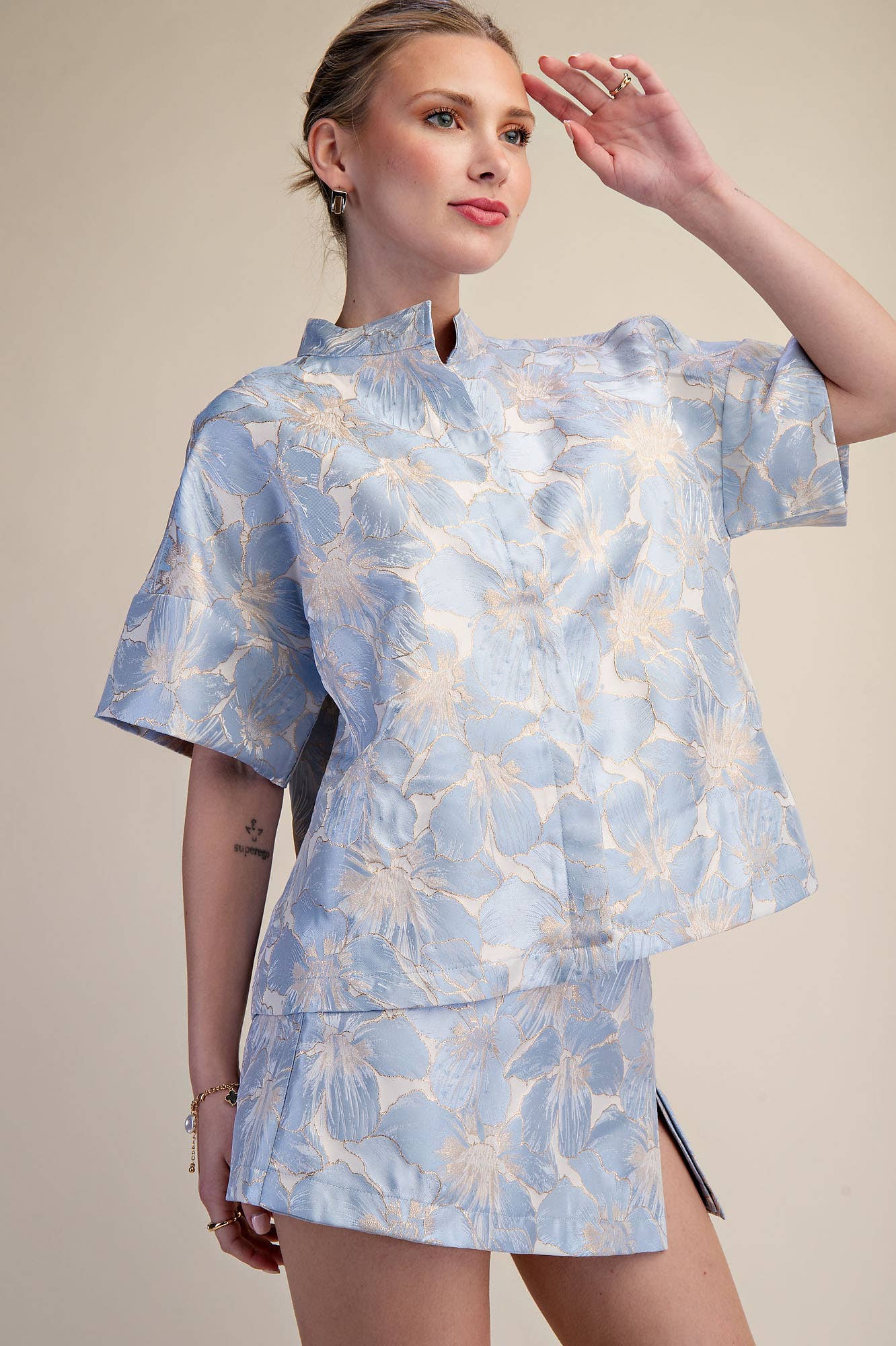 Powder Blue Bloom Jacquard Top