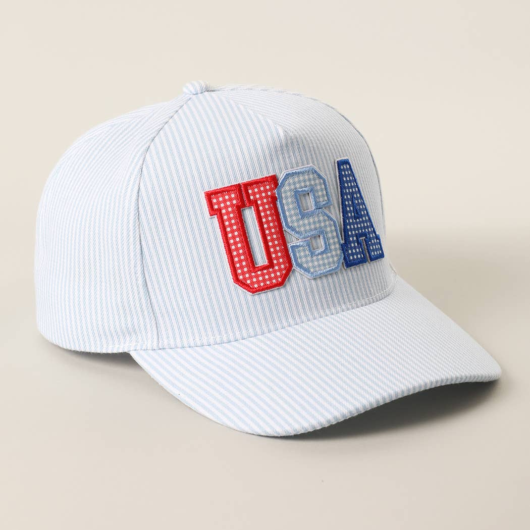 USA Embroidered Patch Varsity-Style Stripe Trucker Hat 
: BLUE