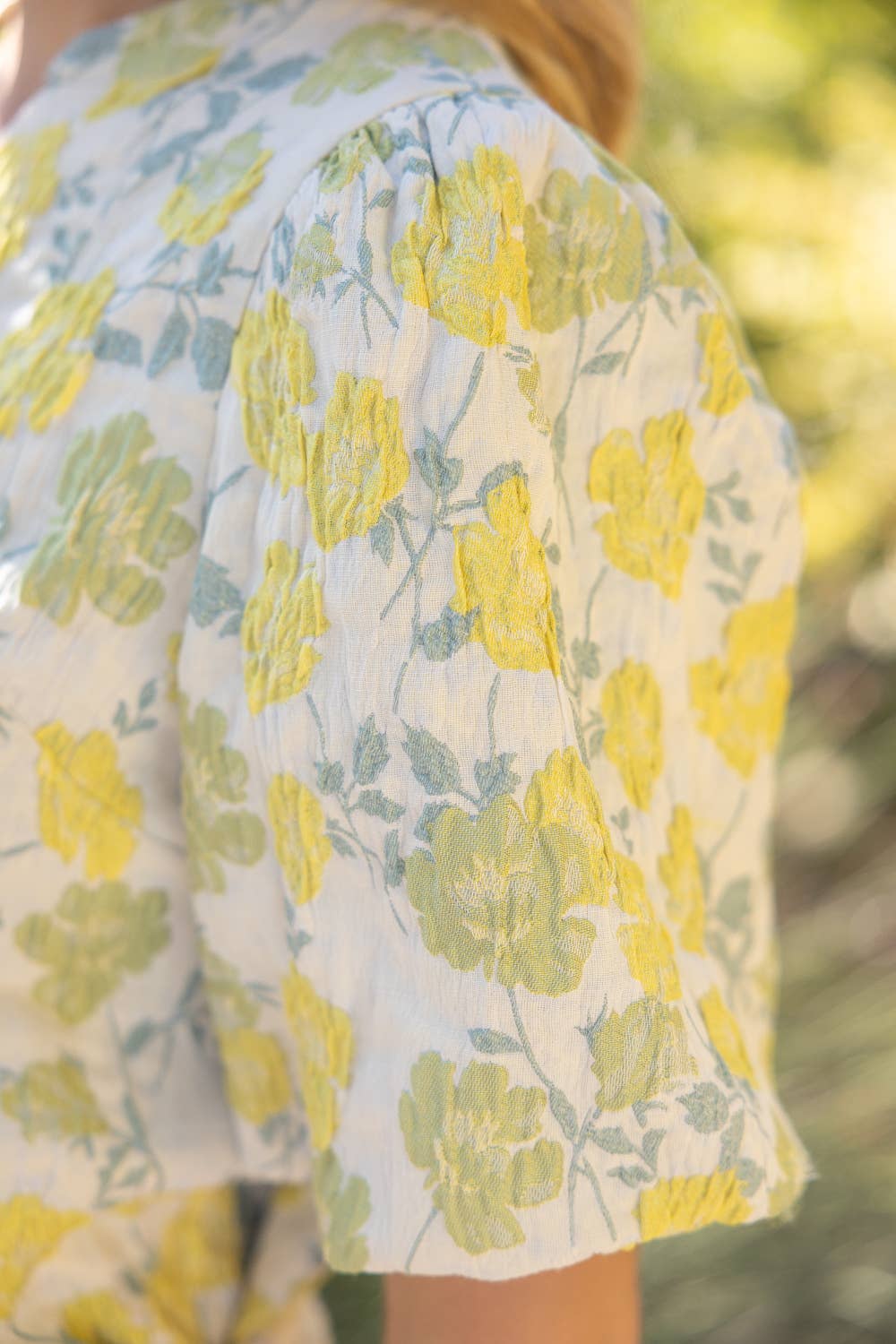 Floral Jaquard Puff Sleeve Top/yellow