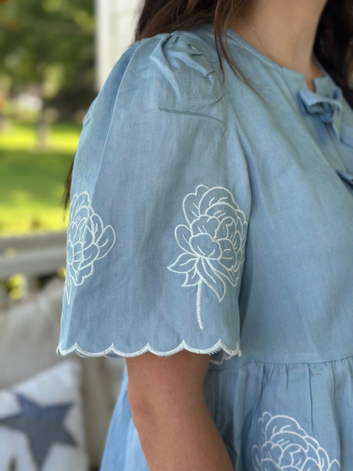 Denim Floral Embroidery Front Bow Tie