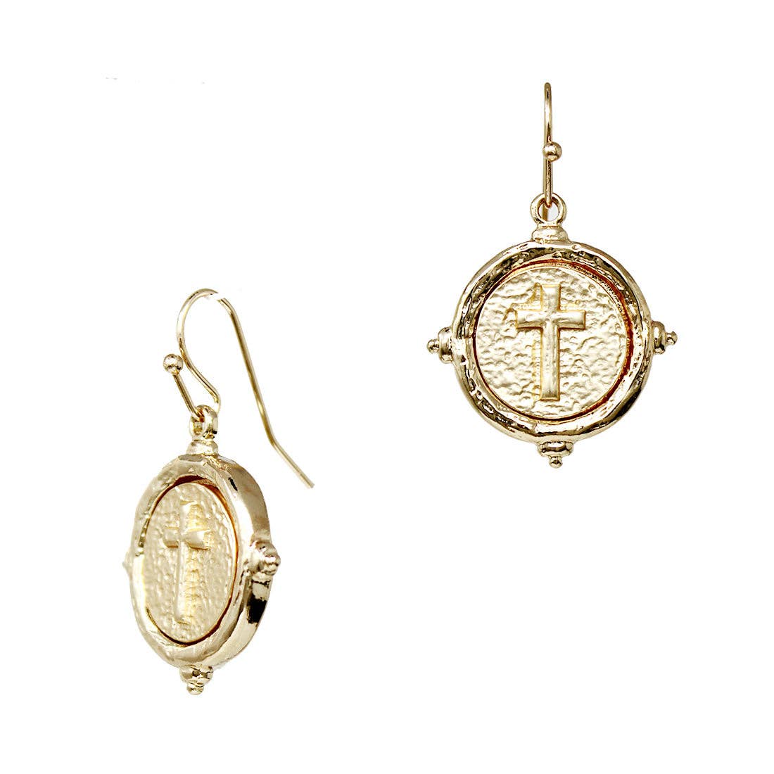 Gold Cross Stamped Coin 1.25" Earring