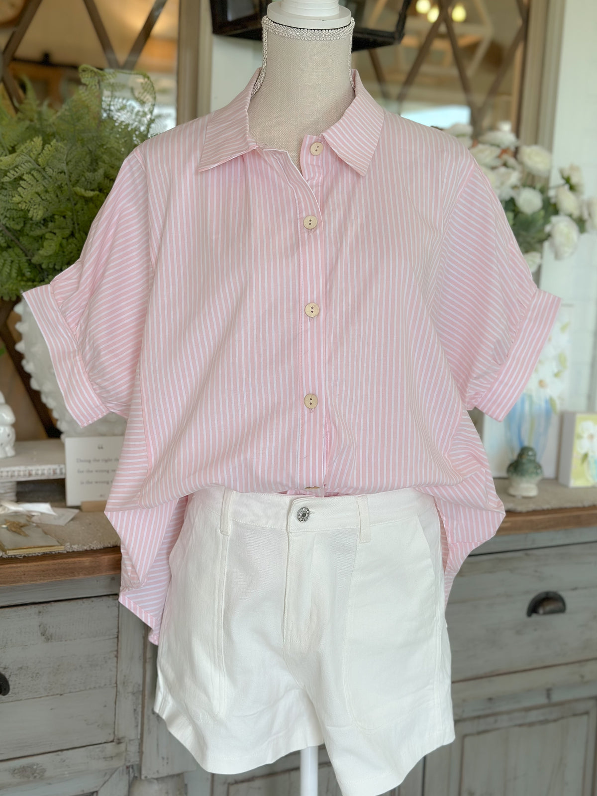 Pink/White Stripe Collared Dolman Short Sleeve Top