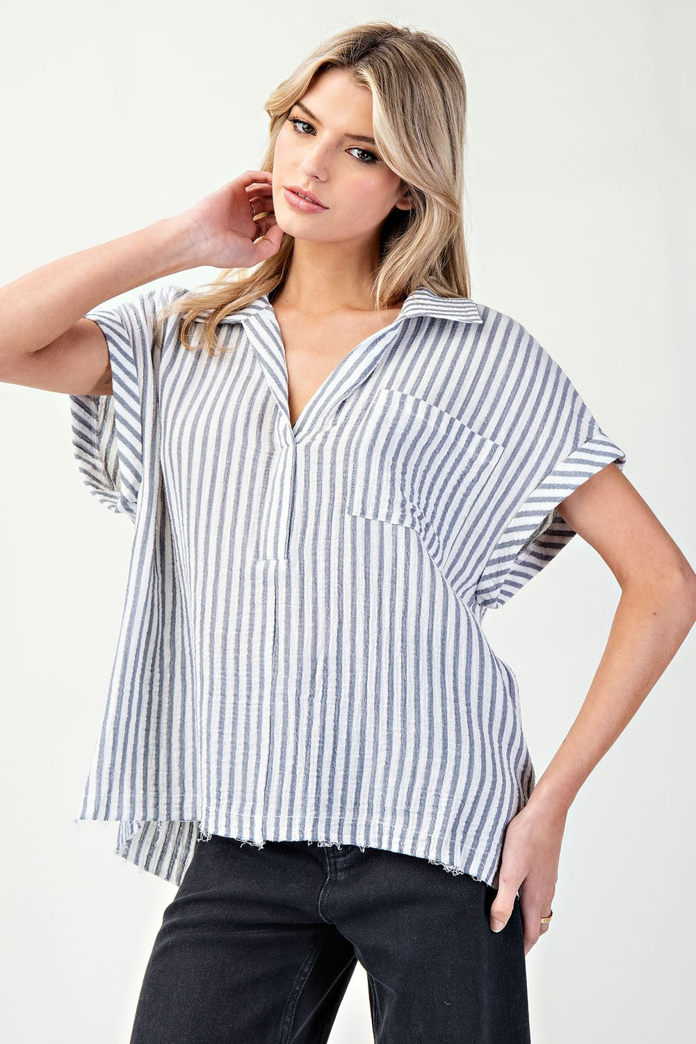 Black & White Striped Short Sleeve V-Neck Top