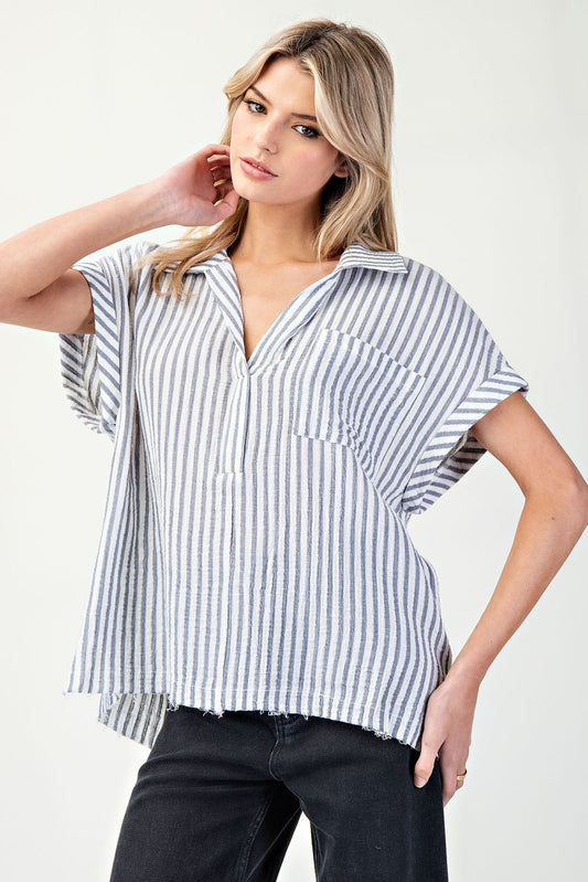 Black & White Striped Short Sleeve V-Neck Top