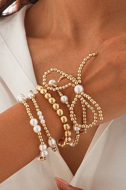 Multi layer Ball Chain Pearl Bow Bracelet