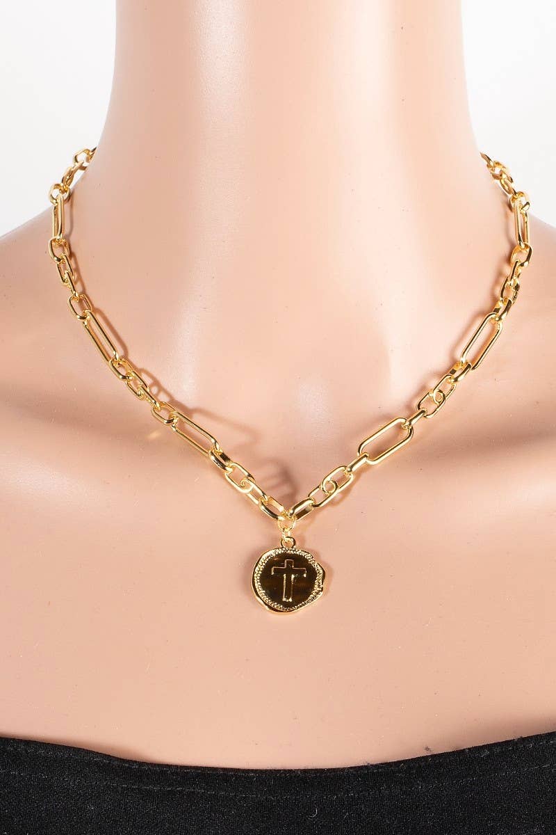 Gold Dipped Cross Coin Pendant Chain Necklace: GOLD