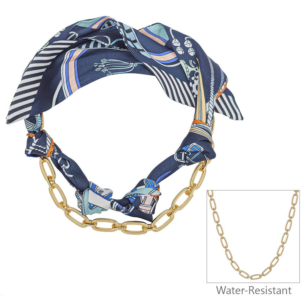 Navy Knotted Scarf Necklace with Gold Chain