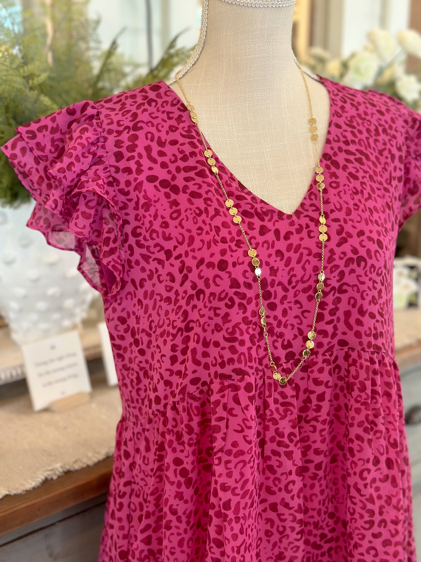 Pink Leopard Ruffled Cap Sleeves Dress