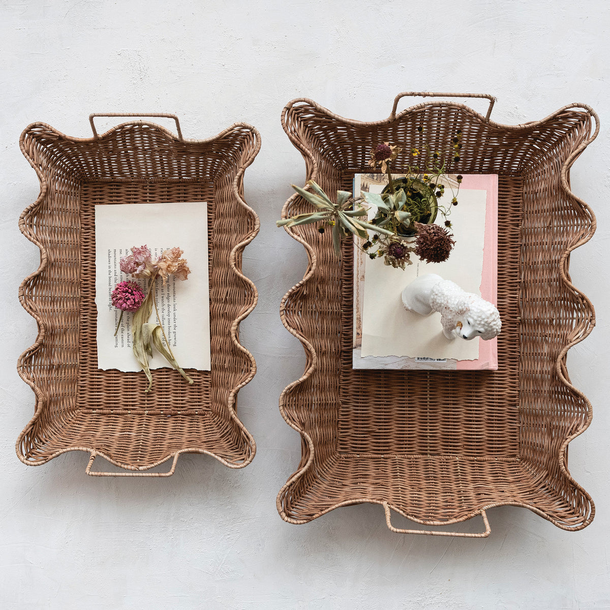 Decorative Hand-Woven Rattan Scalloped Nesting Trays with Handles, Natural, 2 Sizes