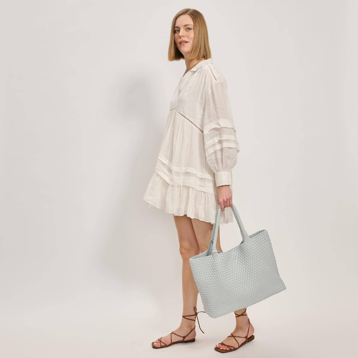Solana Woven Vegan Leather Tote: Ice Blue