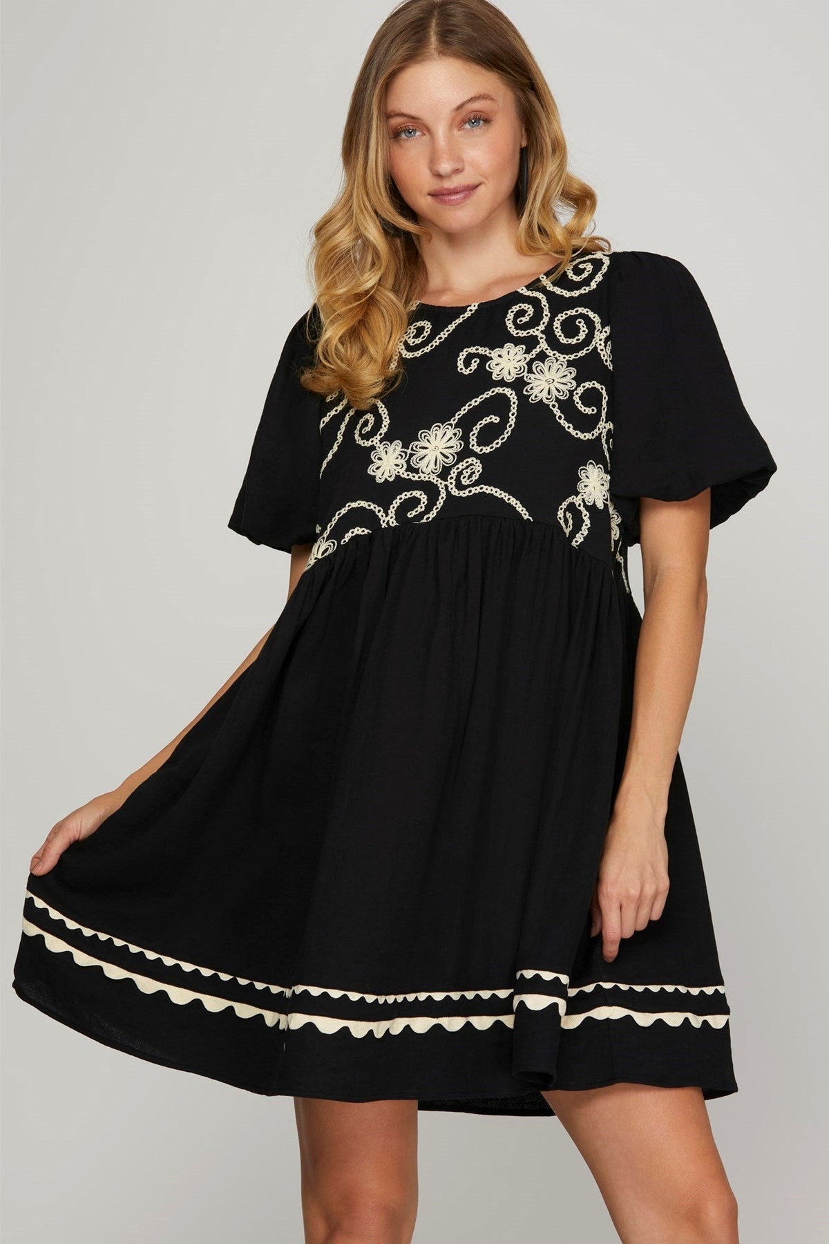 Black & White Embroidered Ric Rac Dress