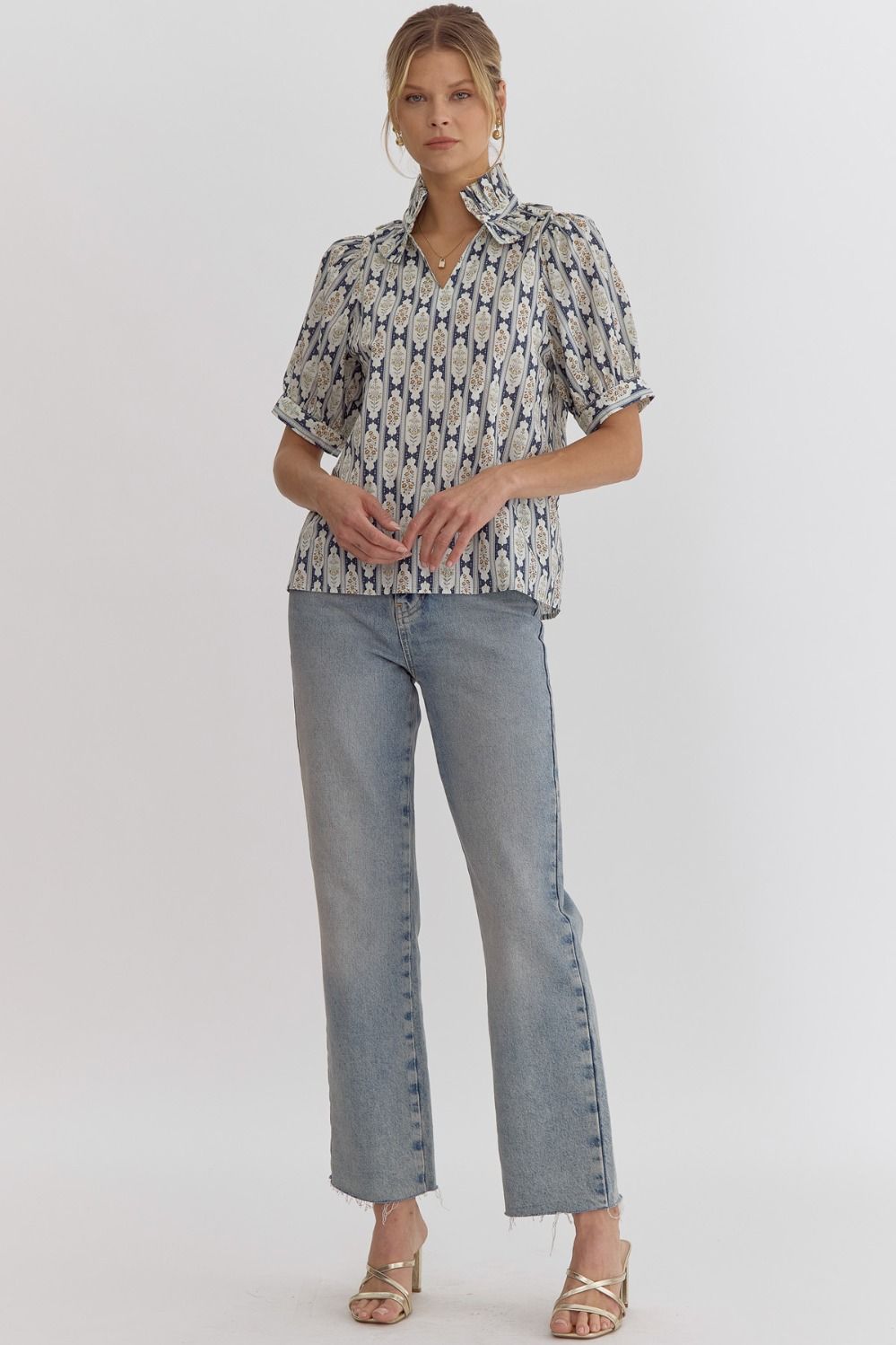 Printed Navy V-Neck Puff Sleeve Top