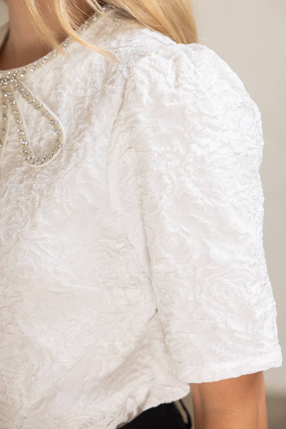 Rhinestone Bow Shape Floral Jacquard Top