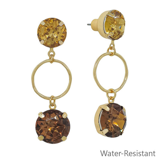 Water Resistant Brown Crystal with Gold Open Circle 2" Earring