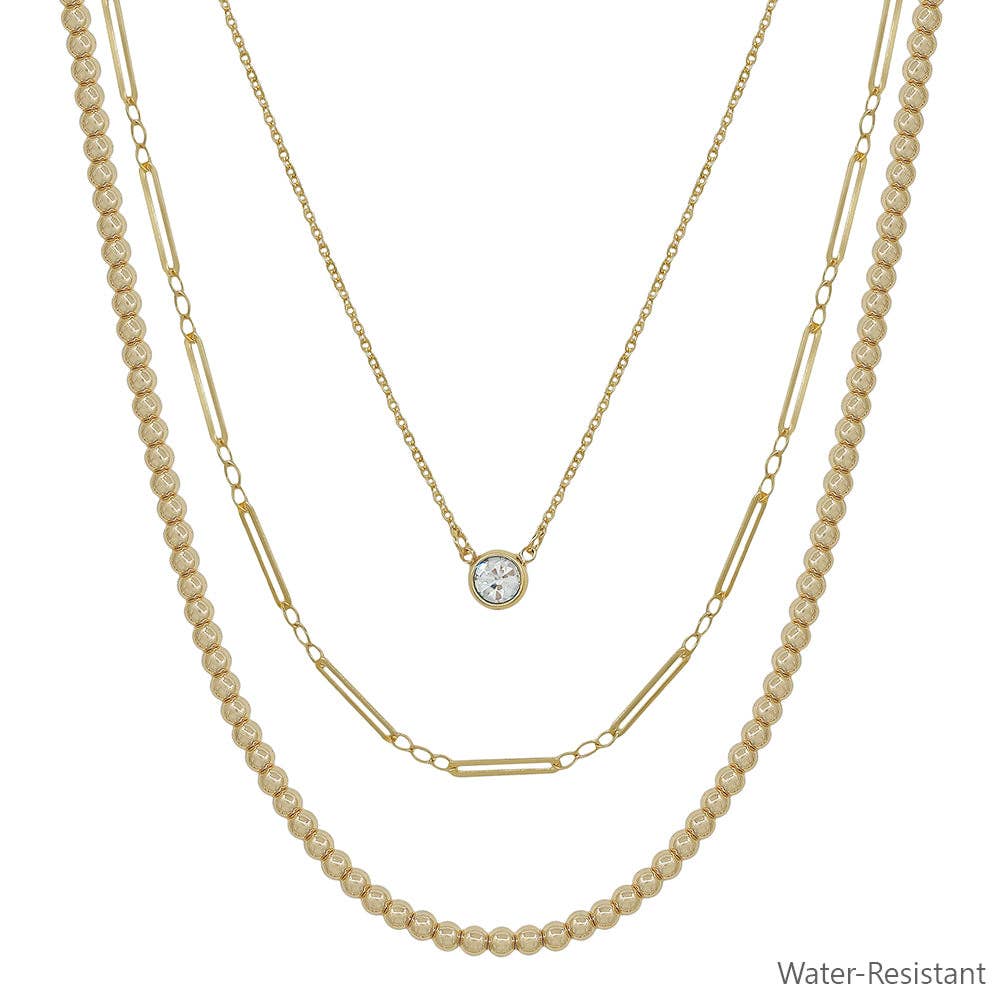 Water Resistant Triple Layered Beaded and Thin Chain with Crystal 16-18" Necklace