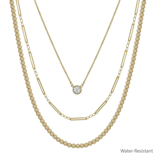 Water Resistant Triple Layered Beaded and Thin Chain with Crystal 16-18" Necklace