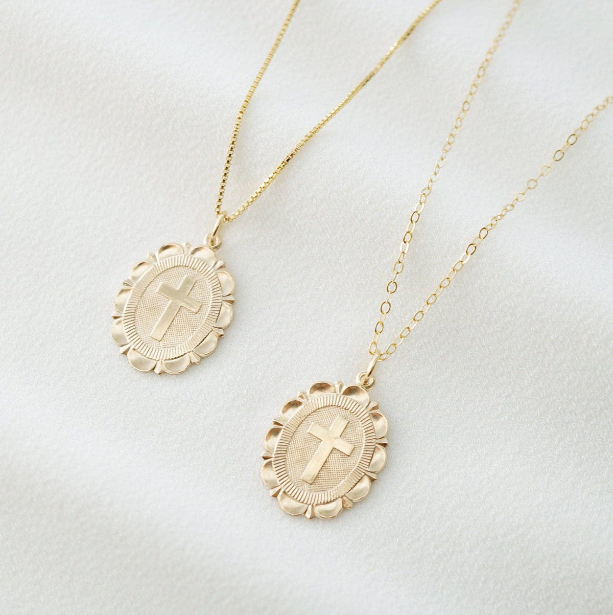 Cross Coin Medallion Necklace (Monet) in 14K Gold Fill: 14K Gold Fill, 16" Satellite