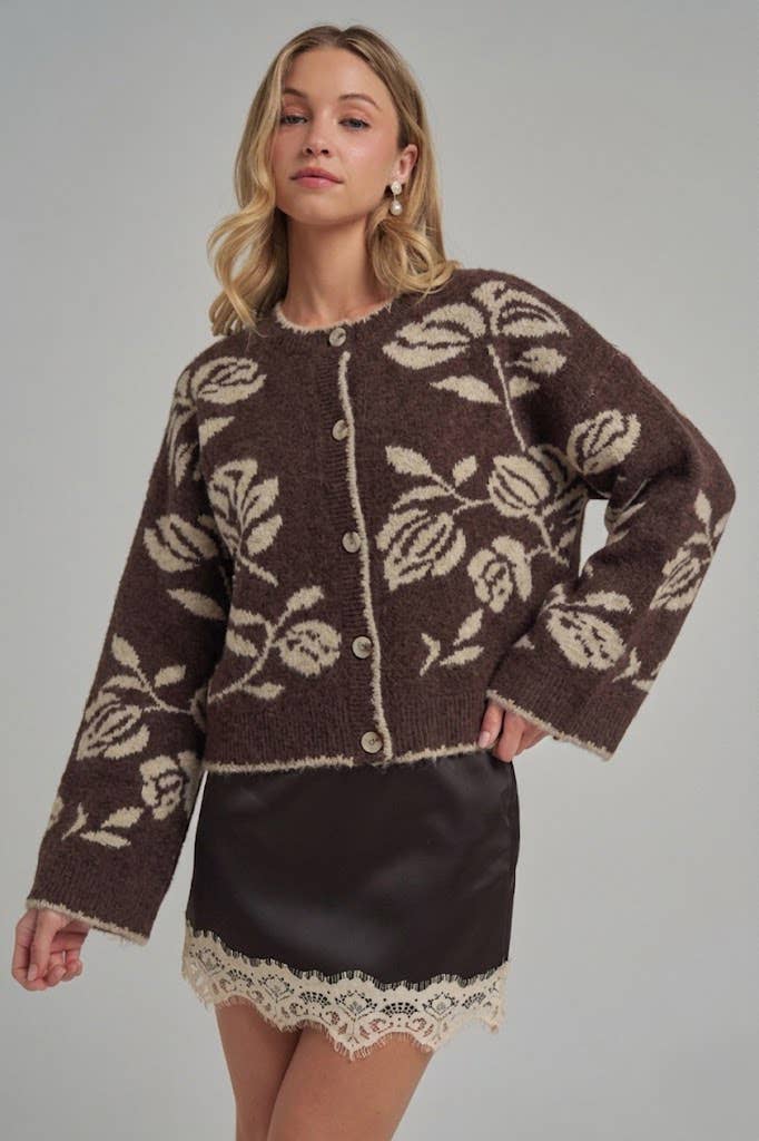 FLORAL BOTANICAL PATTERN INSPIRED SOFT SWEATER FALL CARDIGAN: OATMEAL/MOCHA, S-M-L(2-2-2)