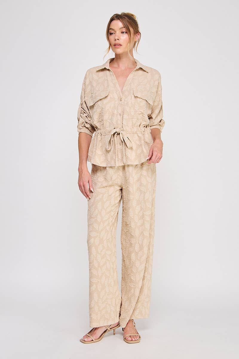 Jacquard utility tie-wait ls blouse: Taupe, M