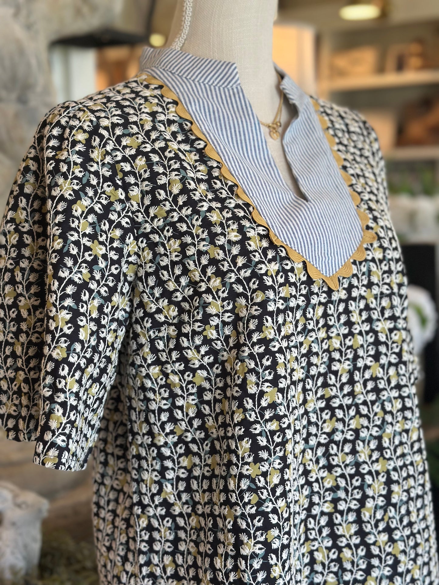 Floral Embroidered Striped Collar Block Top