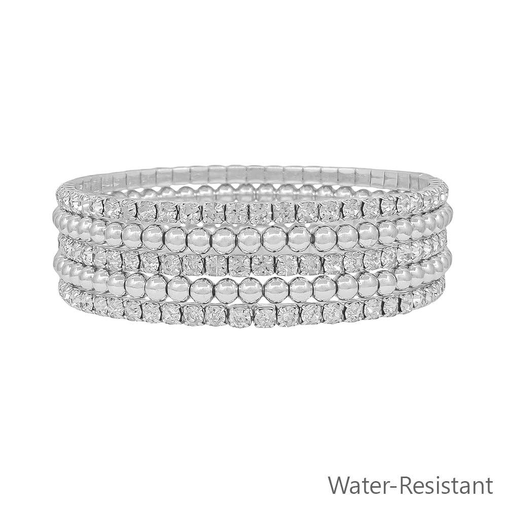 Water Resistant Set of 5 Silver Rhinestone Tennis Chain with 4MM Beaded Stretch Bracelet