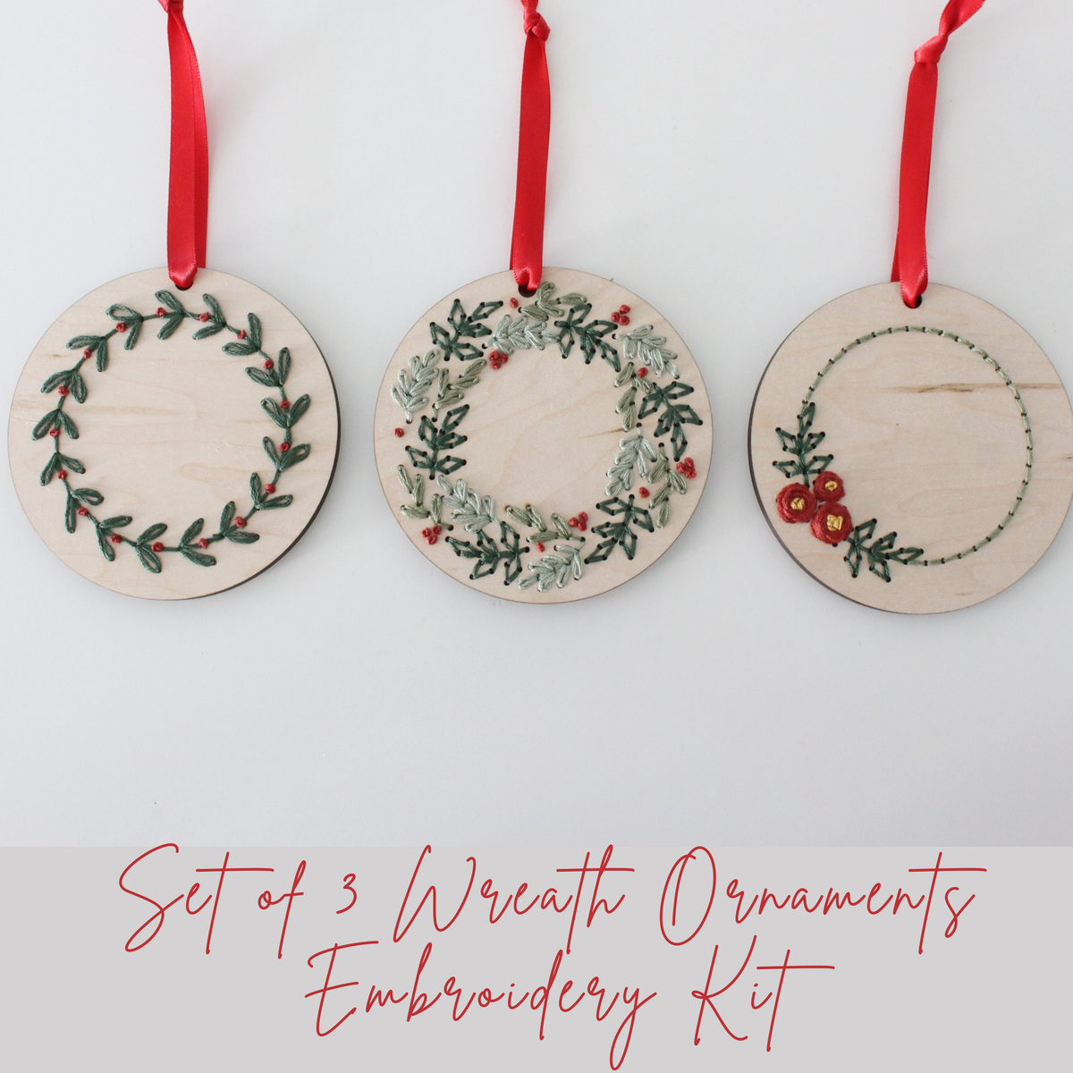 Set of 3 Christmas Wreath Ornament DIY Embroidery Kit: Boxed