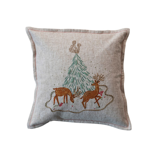 18" Square Linen Blend Printed Pillow w/ Tree, Deer, Embroidery & Beads