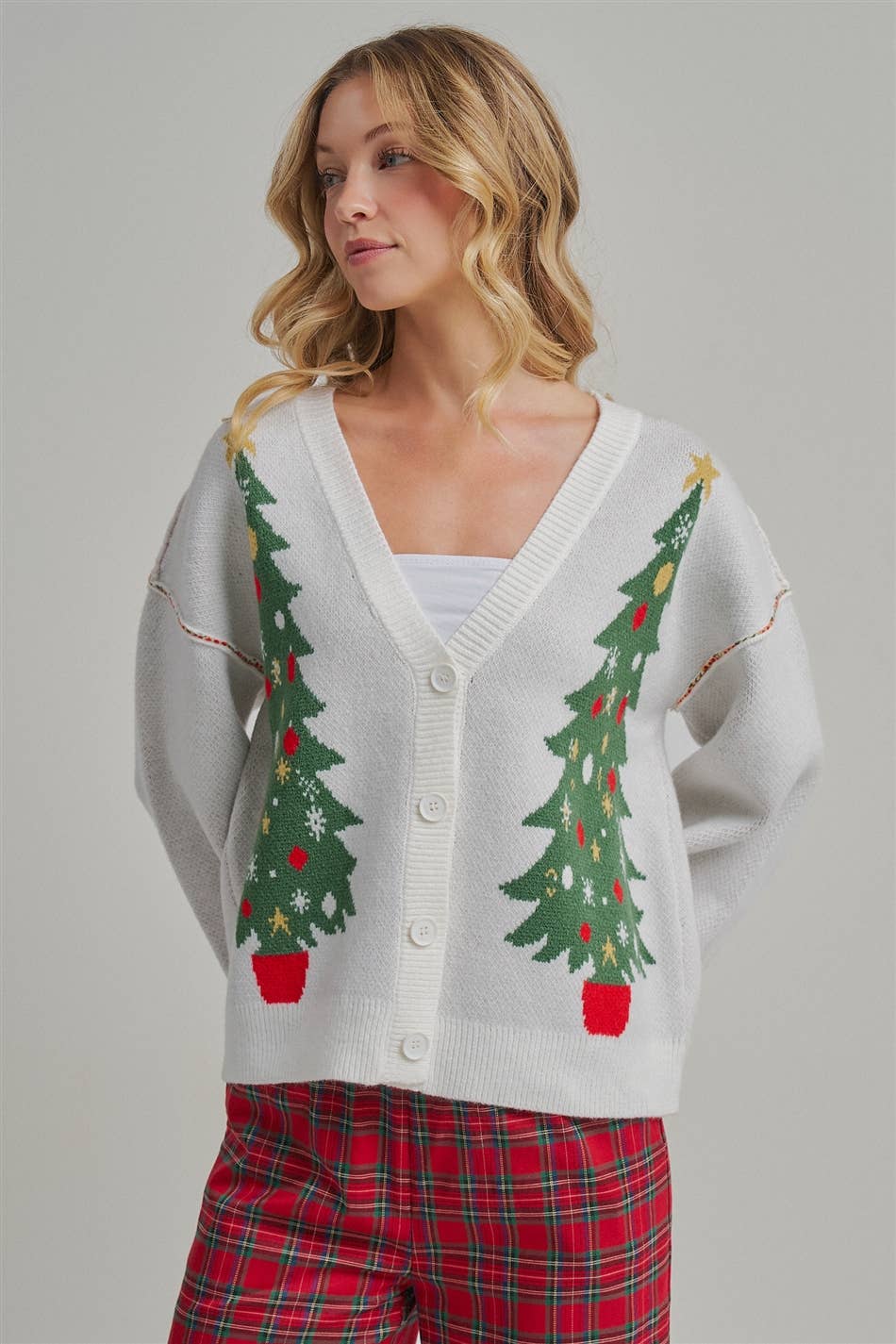 BIG CHRISTMAS TREE HOLIDAY BUTTON DOWN SWEATER CARDIGAN: OFF WHITE, S-M-L(2-2-2)