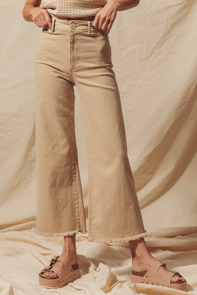 Stone Frayed Hem Wide Leg Stretchy Pants
