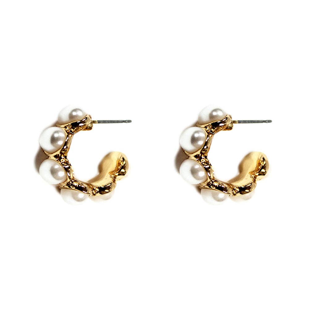 Hammered Gold Hoop with Pearl 1" Earring