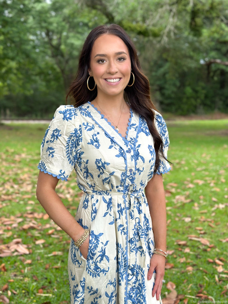 Paisley Pleated Scallop Midi Dress