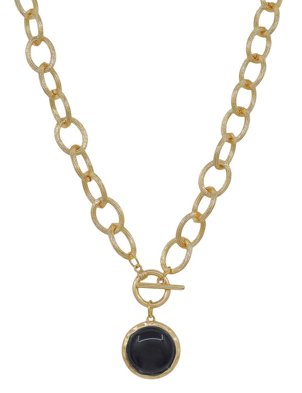 Gold Chunky Chain with Black Circle Stone Charm 16"-18" Necklace