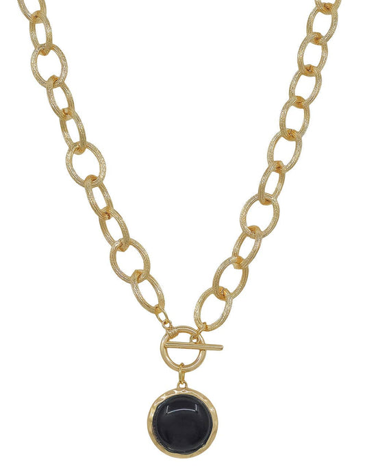 Gold Chunky Chain with Black Circle Stone Charm 16"-18" Necklace